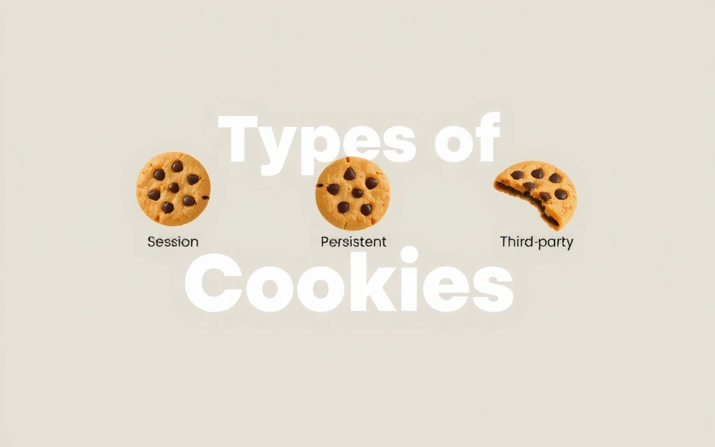 Iconos de diferentes tipos de cookies flotando alrededor de un texto que dice 'Tipos de Cookies'