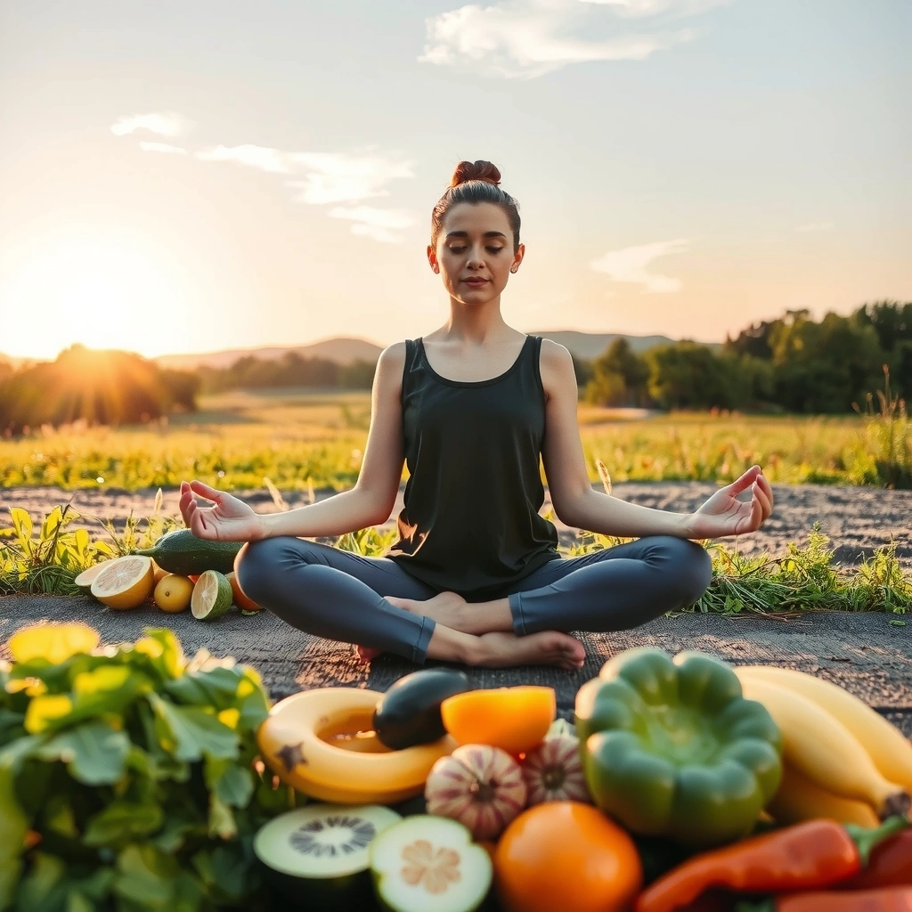 Persona meditando en un entorno natural rodeada de frutas y verduras frescas, simbolizando salud y bienestar.