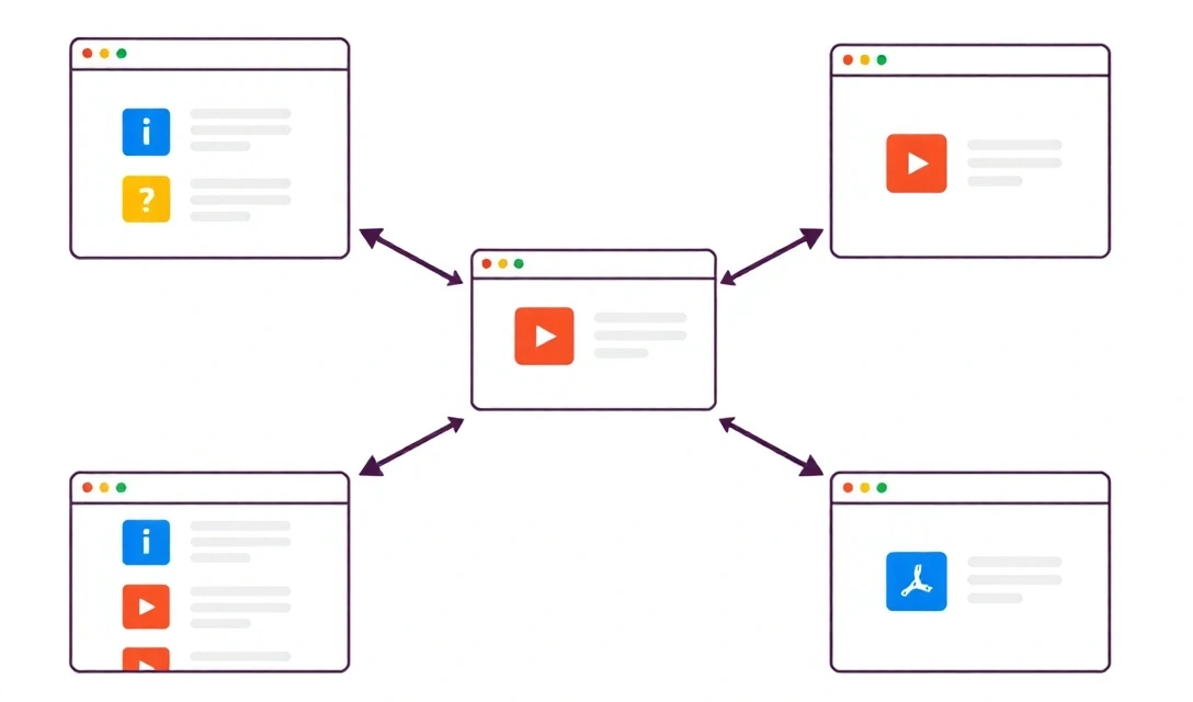 Varias ventanas de navegador conectadas por flechas