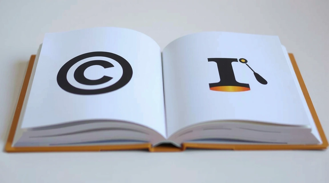 Libro abierto con símbolos de derechos de autor y patentes, representando la propiedad intelectual y la protección legal